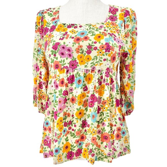 Haptics By Holly Harper Peasant Top Womens S Floral Print Lightweight 3/4 Sleeve - Picture 1 of 8